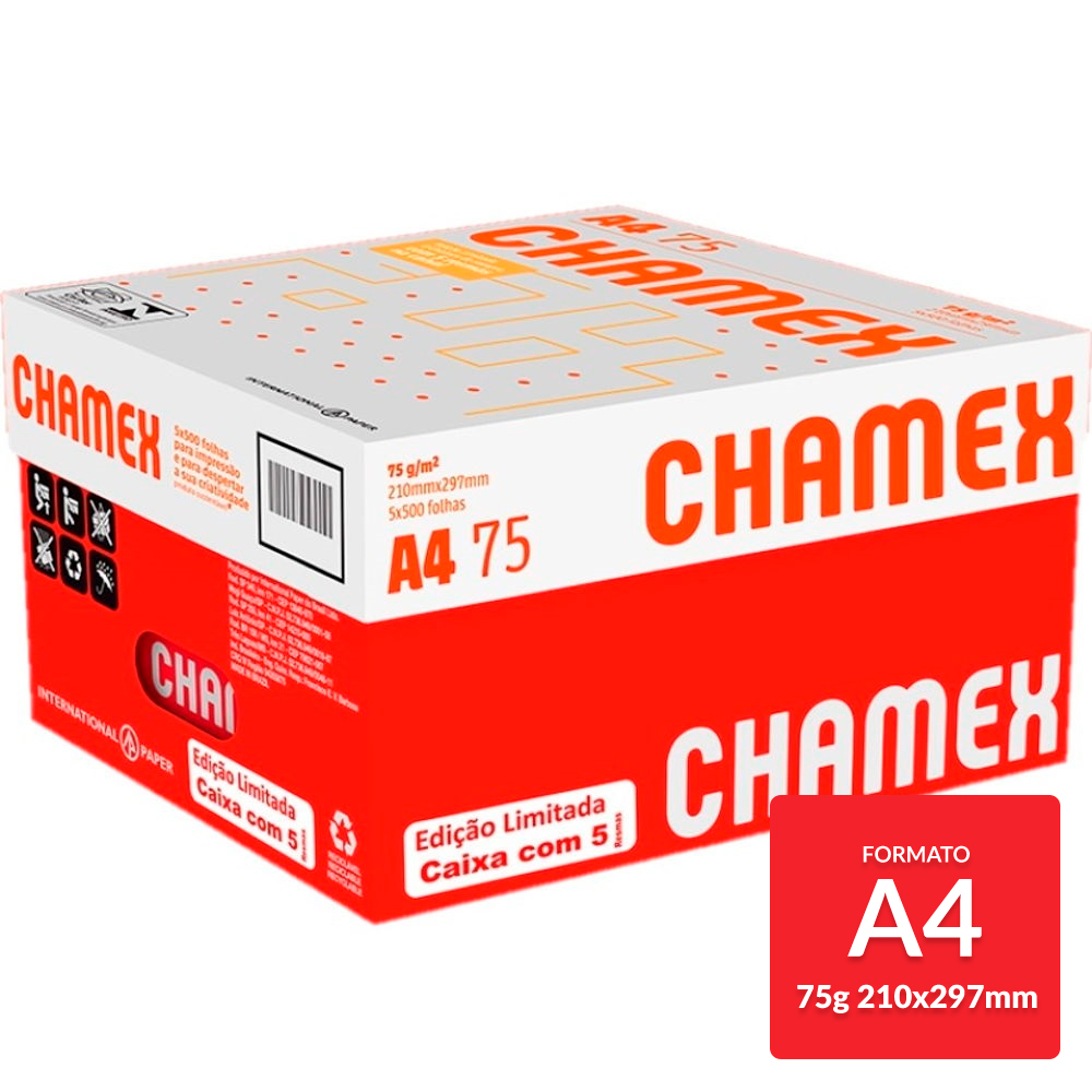 Papel Chamex A4 Sulfite Branco 210x297mm 75g Cx 2500 Fl Edição Limitada Com 5 Resmas Gimba 9958