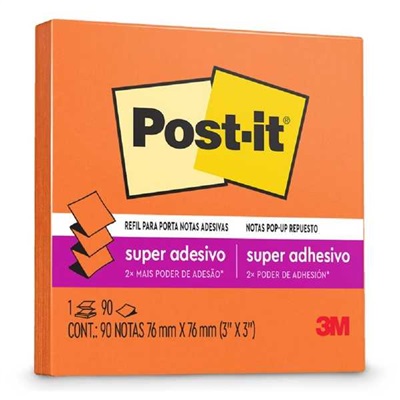 Bloco de Notas Post-it Super Adesivo Refil 76x76mm Laranja 90 FL 1 UN