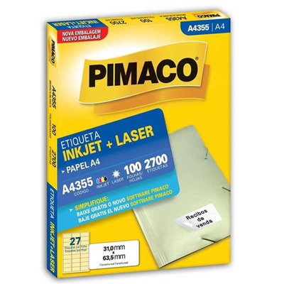 Etiqueta Adesiva Pimaco Ref A4355 InkJet e Laser A4 31,0x63,5mm Branco 2700 UN