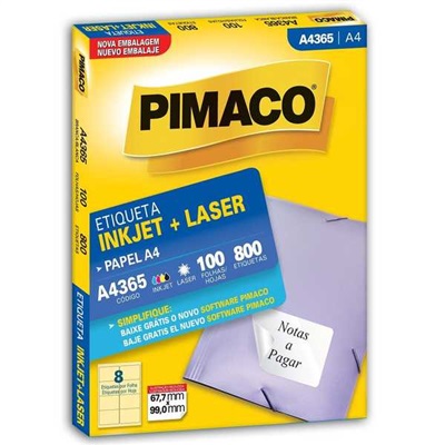 Etiqueta Adesiva Pimaco Ref A4365 InkJet e Laser A4 67,7x99mm Branco 800 UN