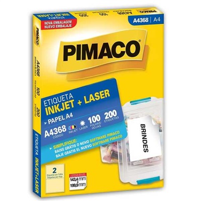 Etiqueta Adesiva InkJet e Laser A4 143,4x199,9mm Branco A4368 100 Folhas 200 Etiquetas Pimaco