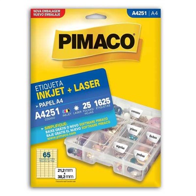 Etiqueta Adesiva Pimaco InkJet e Laser A4 21,2x38,2mm  Ref A4251 Branco 1625 UN