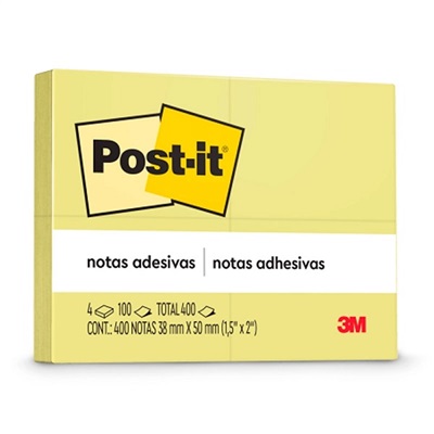 Bloco de Notas Adesivo Post-it 38x50mm Amarelo 4 UN 100 FL