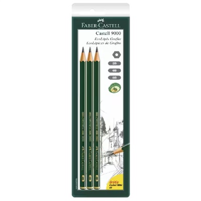 EcoLápis Preto Faber Castell 2B 6B e 8B 9000 Sextavado 3 UN