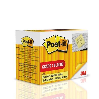 Bloco de Notas Adesivo Post-it 38x50mm Pague 20 Leve 24 Blocos Amarelo 100 FL cada