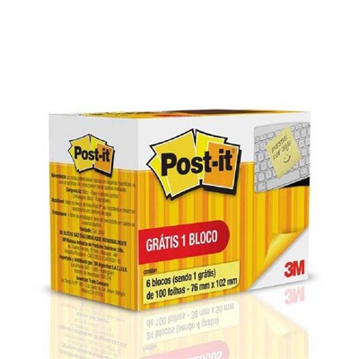 Bloco de Notas Adesivo Post-it 76x102mm Leve 6 Pague 5 Blocos Amarelo 100 FL