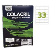 Etiqueta Adesiva InkJet e Laser A4 25,4x63,5mm Branco CA4356 100 Folhas 3300 Etiquetas Colacril