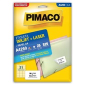 Etiqueta Adesiva InkJet e Laser A4 38,1x63,5mm Branco A4260 25 Folhas 525 Etiquetas Pimaco