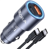 Carregador Veicular 1Hora PD 20W 2 Portas USB e USB-C com Cabo USB-C 1