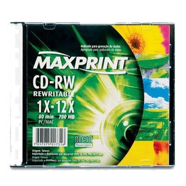 CD-RW Regravável 80 Minutos 700MB 1-12X 1 UN Maxprint