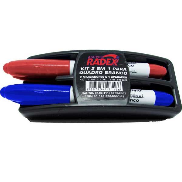 Apagador para Quadro Branco Com 2 Marcadores Azul e Vermelho Radex