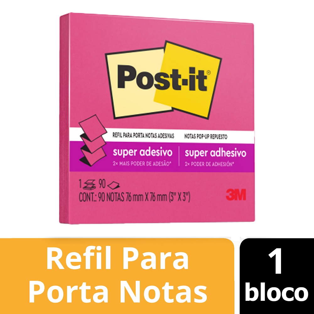 Bloco de Notas Super Adesivas Refil Rosa Neon 76 mm x 76 mm 90 folhas Post-it
