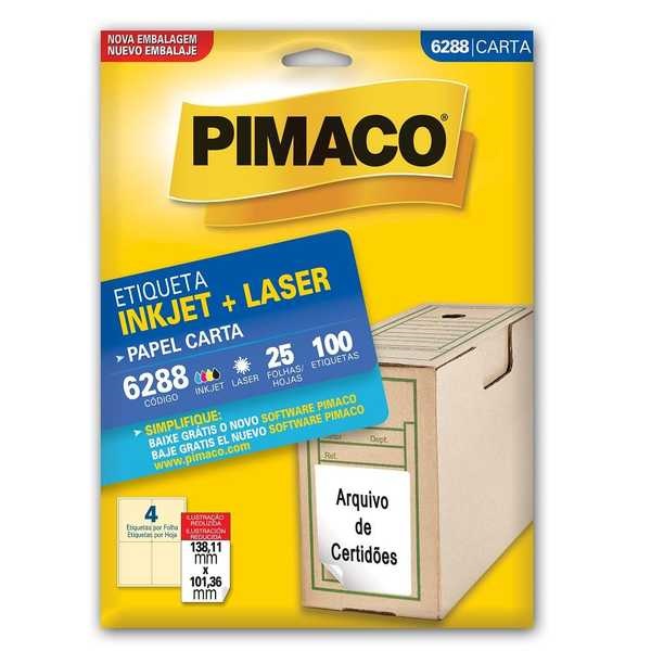 Etiqueta Adesiva InkJet e Laser Carta 138,11x101,36mm Branco 6288 25 Folhas 100 Etiquetas Pimaco