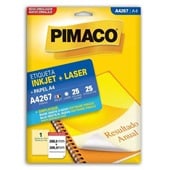 Etiqueta Adesiva InkJet e Laser A4 288,5x200mm Branco A4267 25 Folhas 25 Etiquetas Pimaco