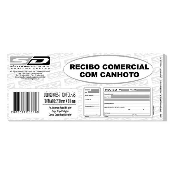 Bloco Recibo Comercial Com Canhoto 100 Folhas 6065-7 São Domingos