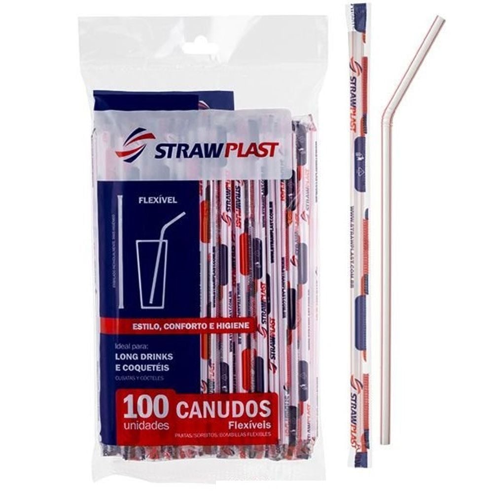 Canudo de Plástico Flexível para Água e Suco 21cm x 6mm Branco PT 100 UN Strawplast