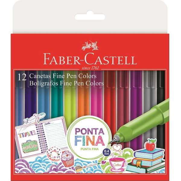 Caneta Hidrográfica Fine Pen 0,4mm 12 Cores Faber Castell